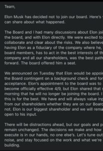 Twitter CEO announcement Elon Musk will not join board