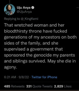 A follow-up tweet by Uju Anya about Queen Elizabeth II