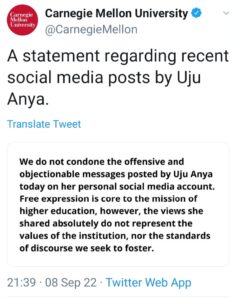 Statement from Carnegie Mellon University on Uju Anya's posts