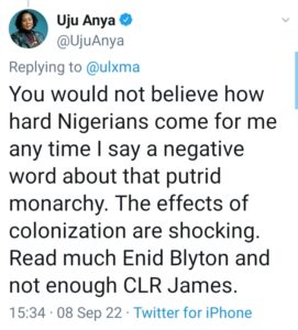 Uju Anya mocking Nigerians who oppose her attacks on the British Royal Family