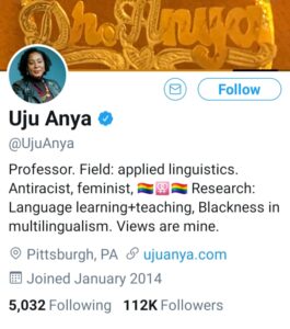 Uju Anya's Twitter bio