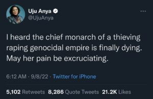 Uju Anya's first distasteful tweet about Queen Elizabeth II